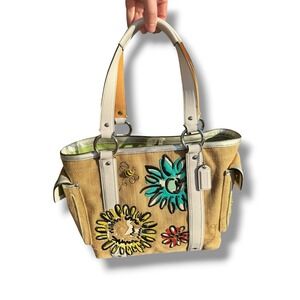 Vtg COACH Y2k Bee Floral Shoulder Tote Turnlock Motif Bag 2005 Burlap Limited